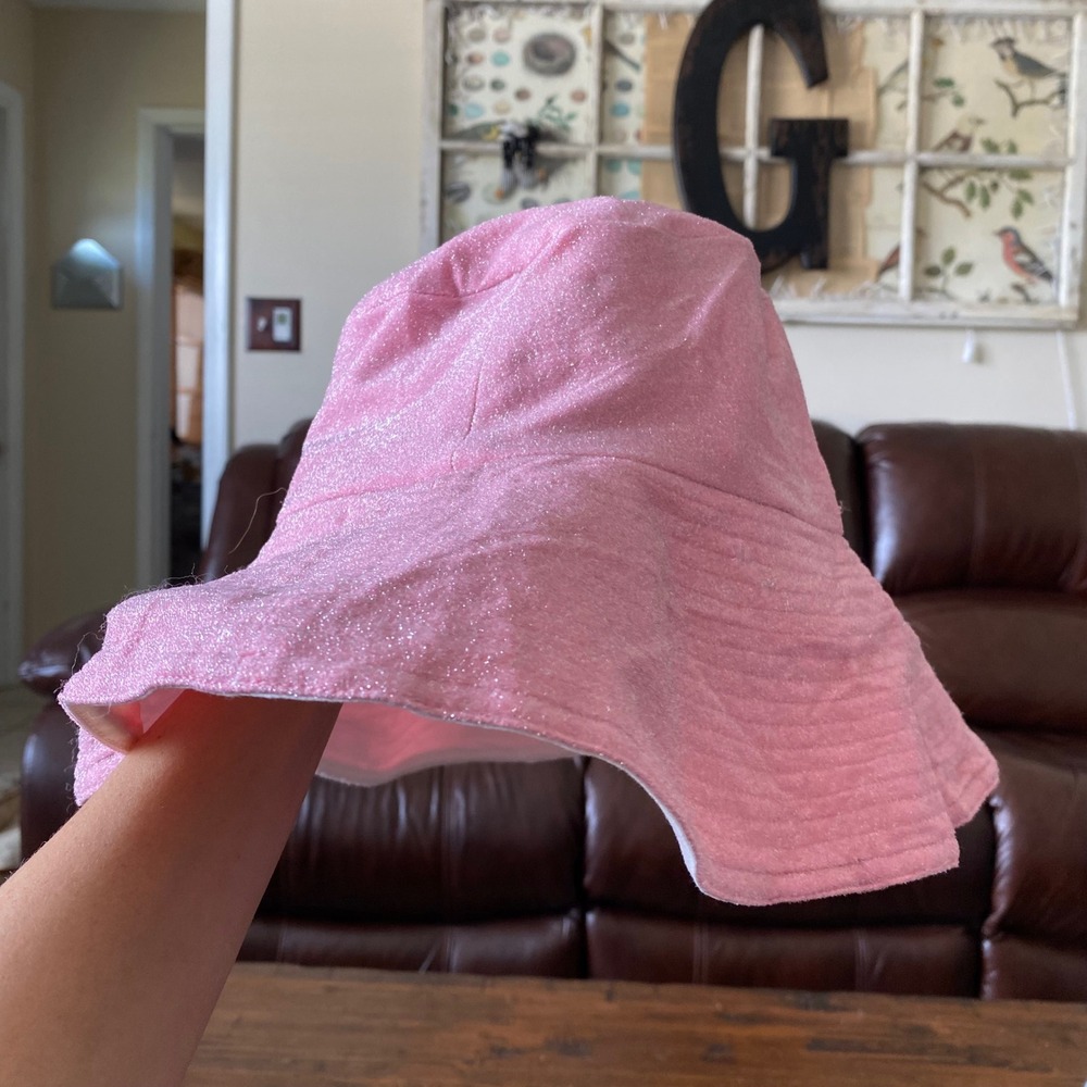 For Love & Lemons Pink Glitter Metallic Bucket Hat Wide Brim Sun Hat